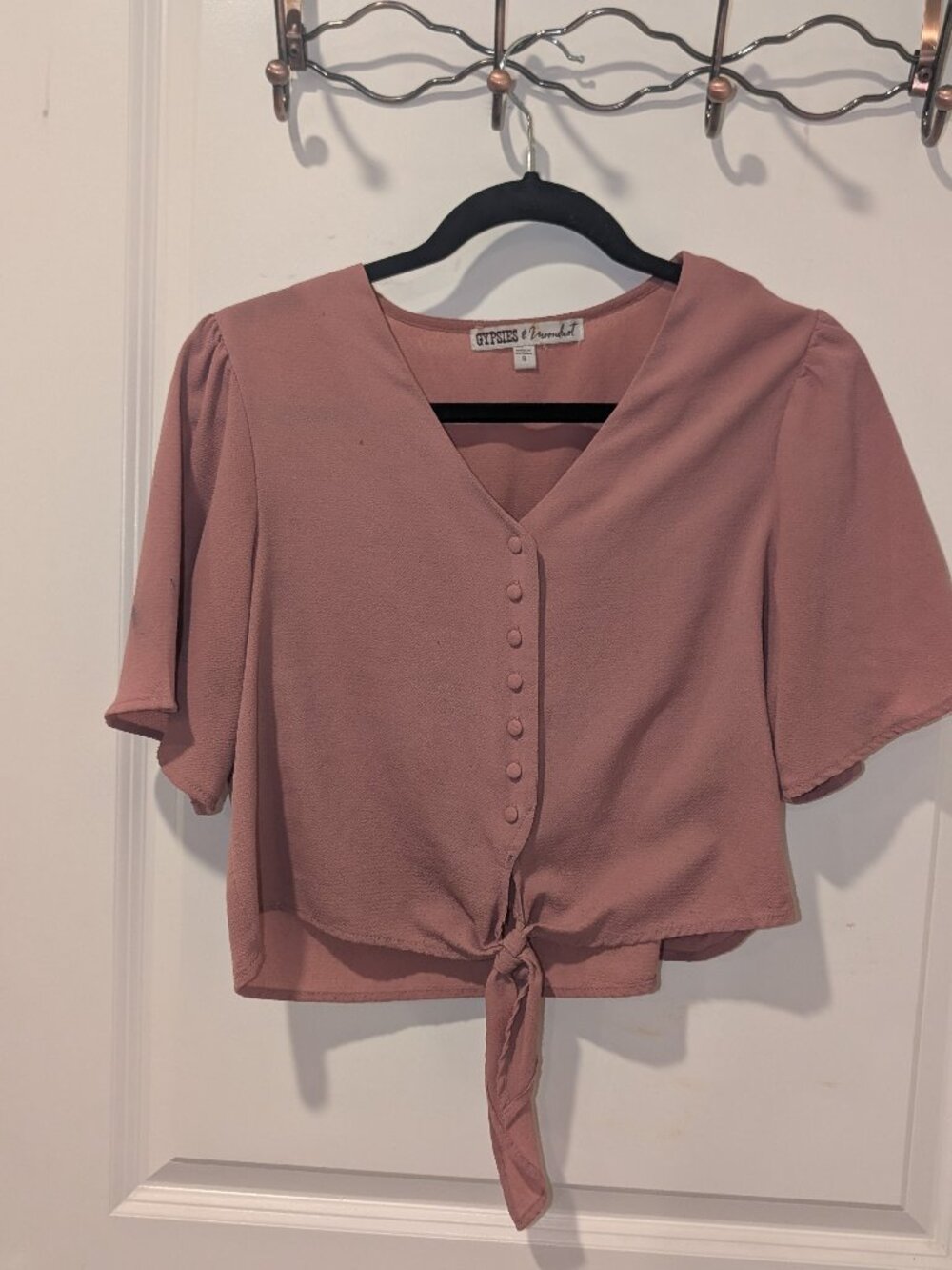 Women or Juniors Baby Light Pink Crop Tie Top Flowy Short Flutter Sleeves
